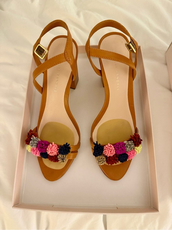 Loeffler Randall Shoes - Loeffler Randall Tan Block Heel Sandals with Multicolor Pom Trim